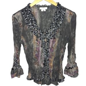 Y2K Dressbarn Victorian Gothic Velour Beaded Ruffle Seamed Long Sleeve Woman's S